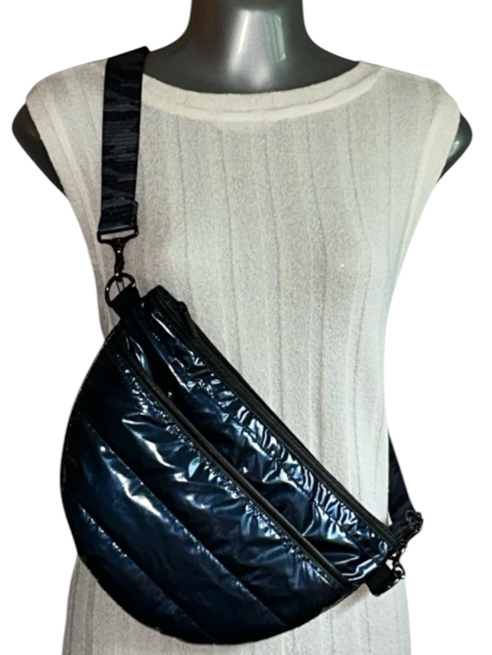 Haute Shore Brett Belt or Sling Bag Puffer in Blue Metallic Sheen Camo Strap NEW